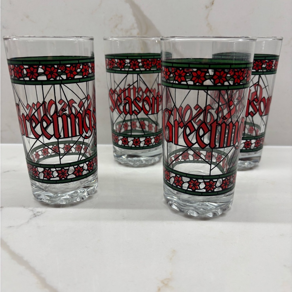 Vintage Season's Greetings Stained Glass Look Holiday Tumblers Retro Glassware
